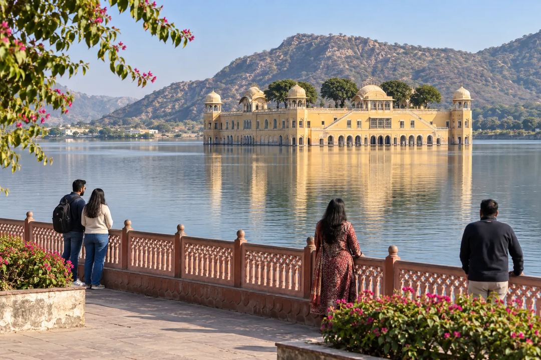 Illustration of visitors viewing Jal Mahal across the lake in Jaipur.