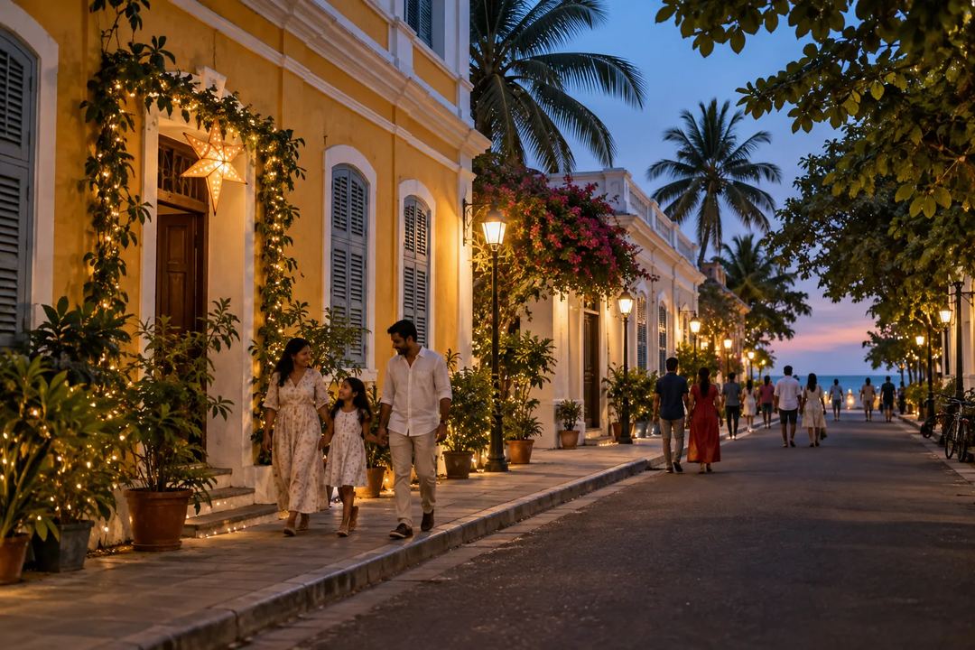Illustration of visitors walking past decorated heritage buildings in Pondicherry at dusk.