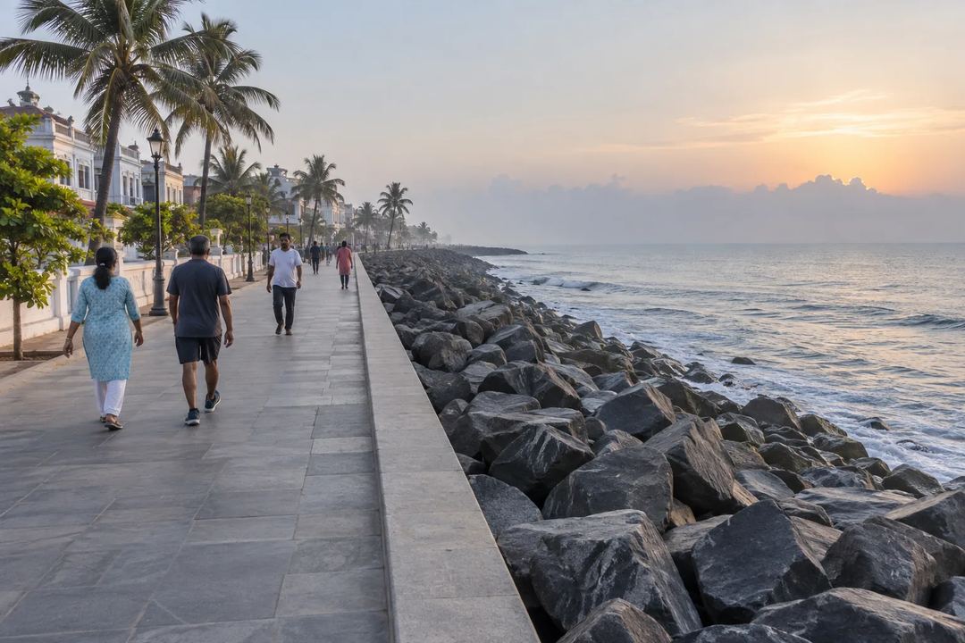 Illustration of people walking along Pondicherry’s seafront promenade beside rocks and palm trees.