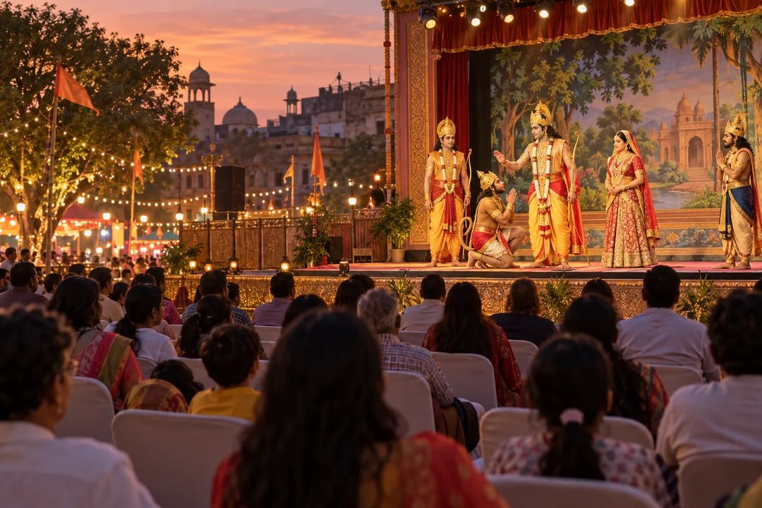 Illustration of an audience watching an outdoor Ramlila performance on a decorated stage.