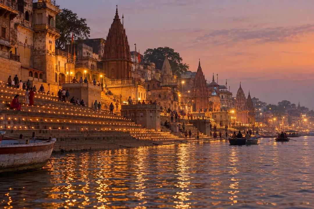 Illustration of rows of lamps illuminating the Varanasi riverfront during Dev Diwali.