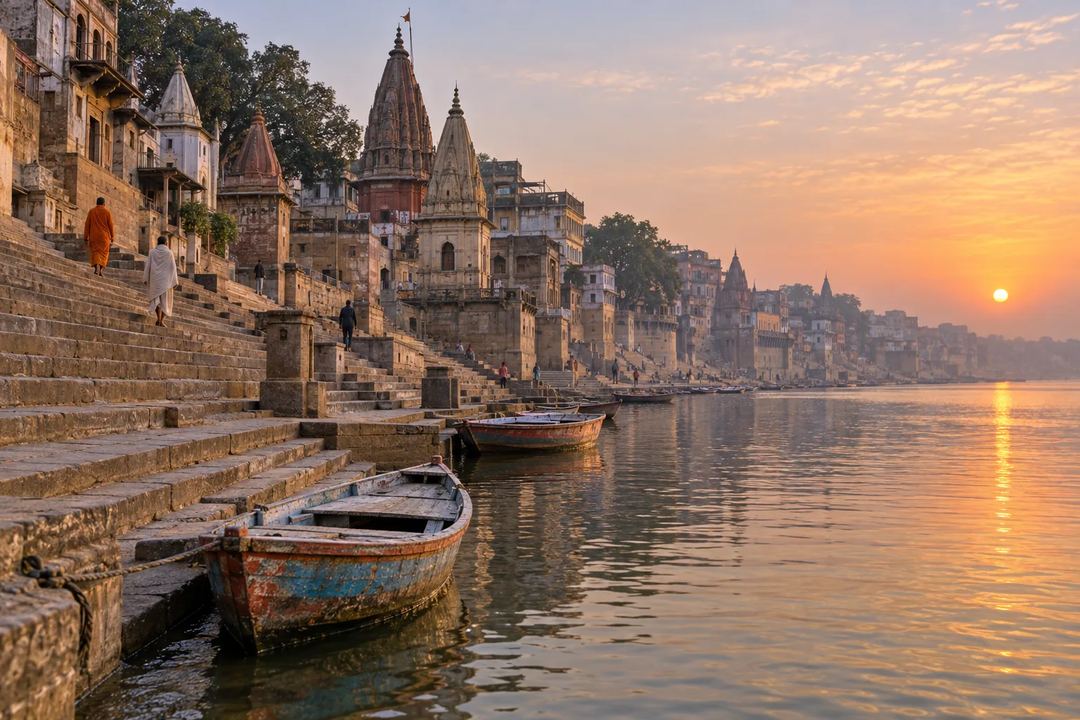 Illustration of boats beside Varanasi’s riverfront steps at sunrise.