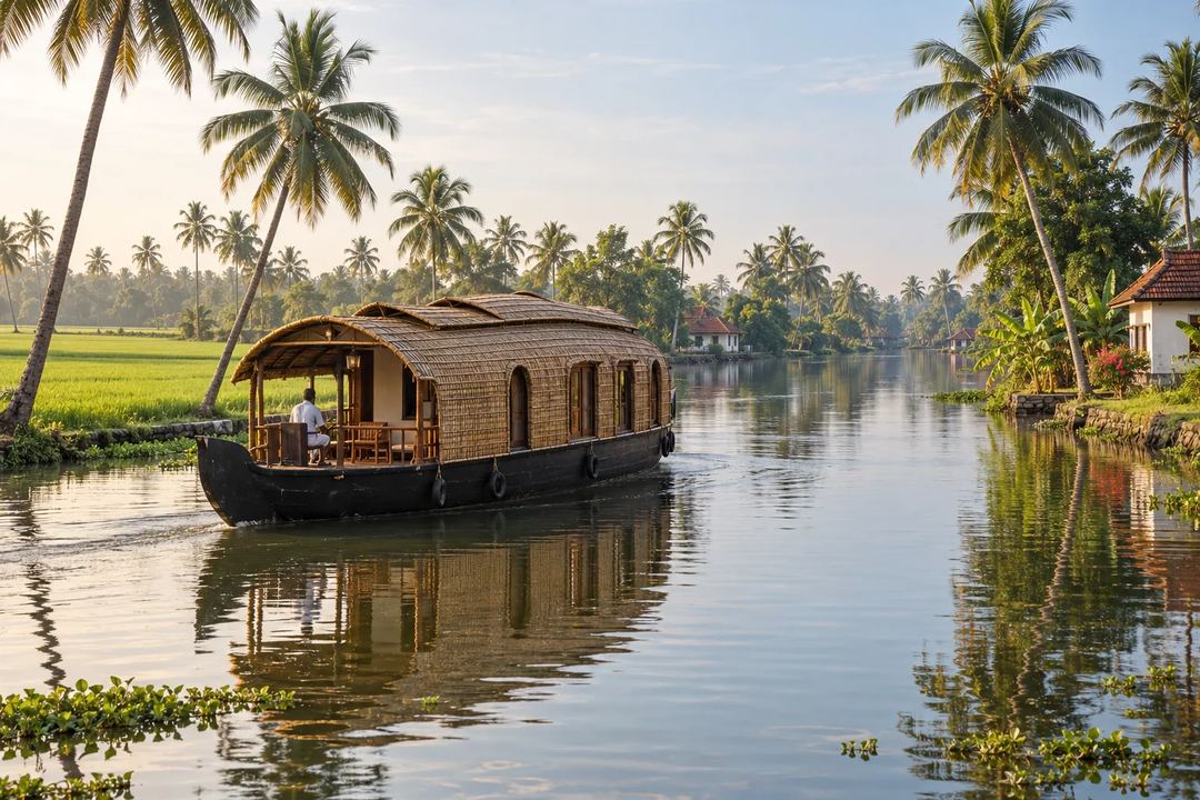 Illustration of a houseboat on a palm-lined waterway inspired by Alappuzha’s backwaters.