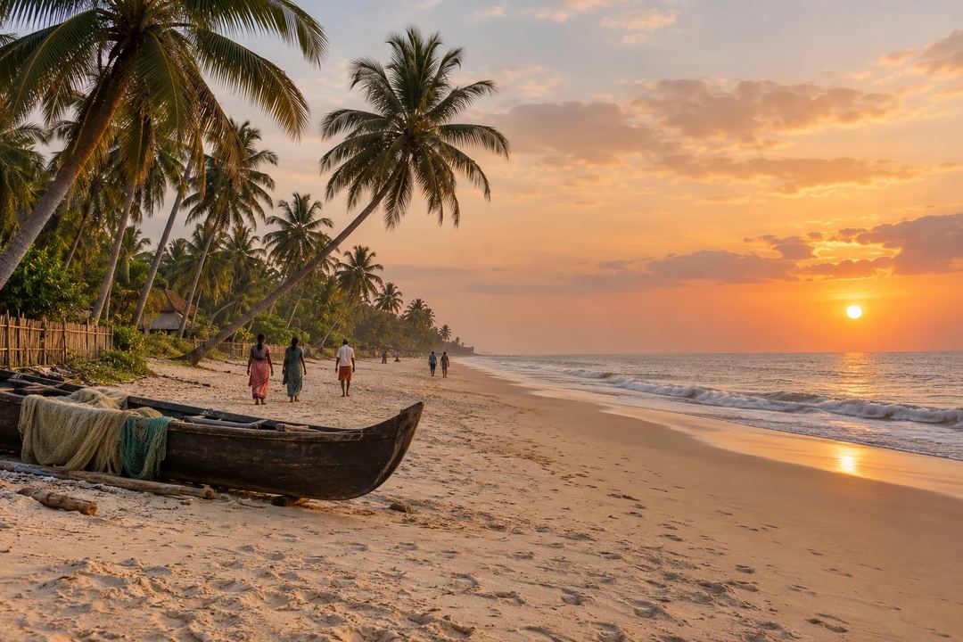 Illustration of walkers, fishing boats and palm trees along the Mararikulam coast at sunset.