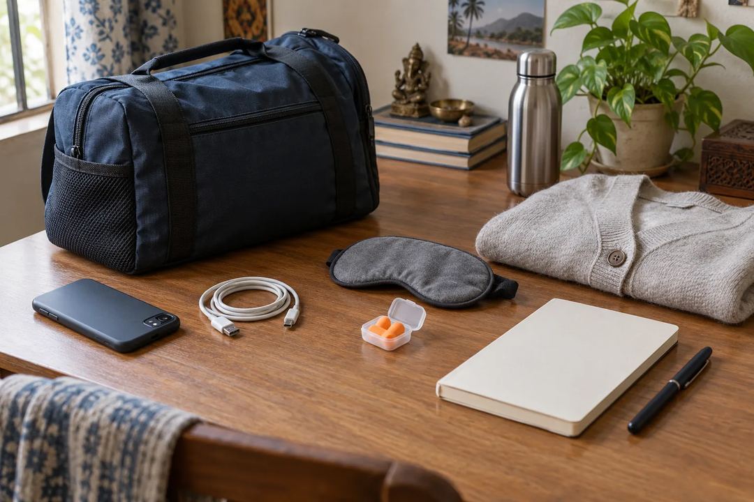 Illustration of an overnight travel kit with a bag, eye mask, water bottle, phone and notebook.