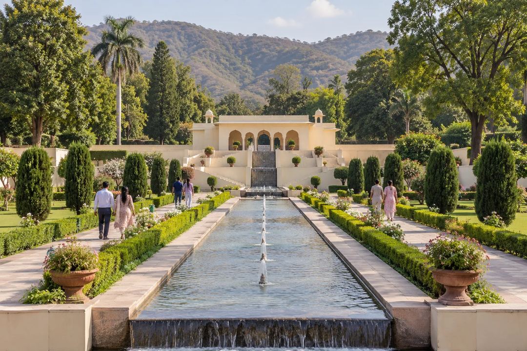 Illustration of garden paths and a long water channel inspired by Pinjore Gardens.