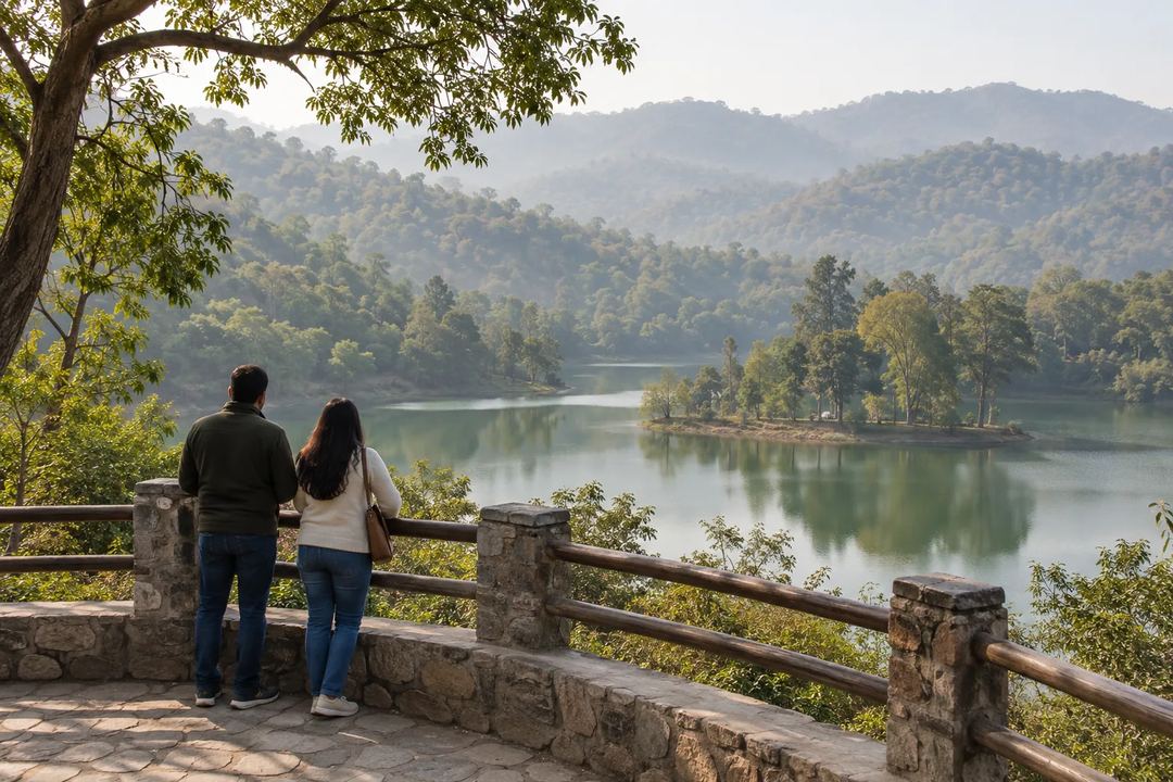 Illustration of visitors overlooking water and wooded hills near Morni.