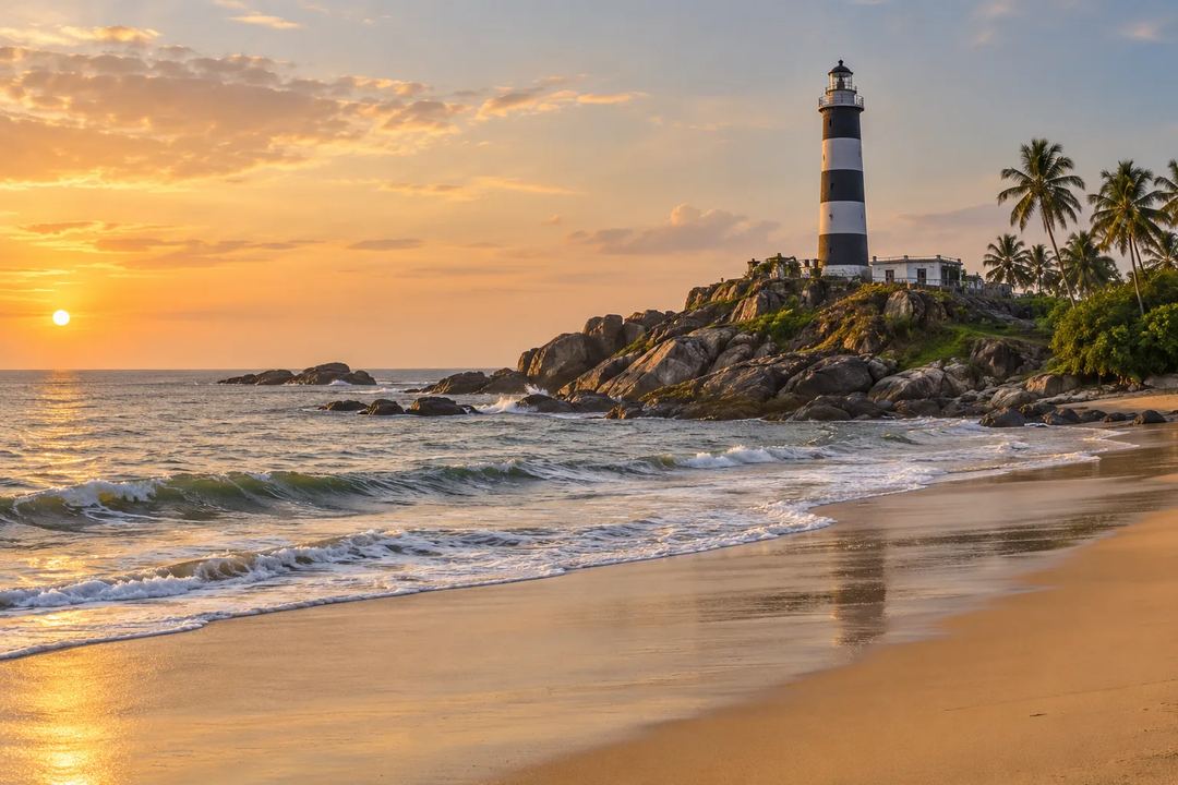 Illustration of the lighthouse at Kapu beside rocks and waves at sunset.