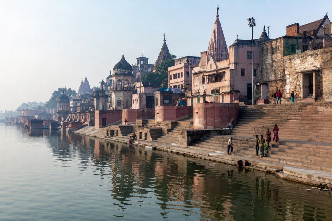 Illustrative view of the ghats and temple skyline at Ram Ki Paidi in Ayodhya.
