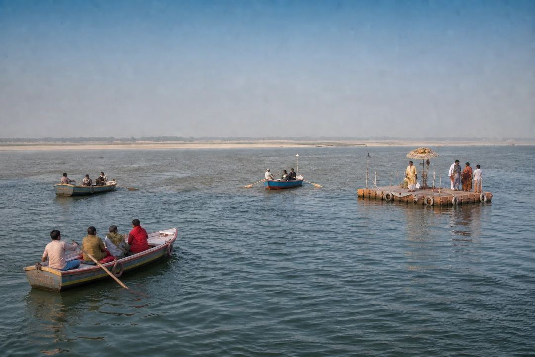 Illustrative view of passenger boats and a ritual platform at Triveni Sangam in Prayagraj.