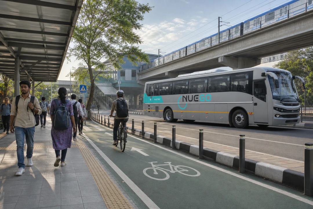 An Indian multimodal transit corridor with shaded walking routes, a protected cycle lane, metro service and a NueGo electric coach.
