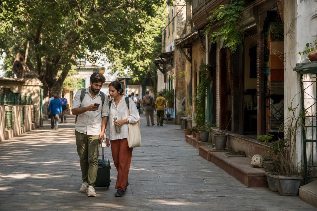 Indian travellers with compact luggage, a reusable bottle and a cloth tote walking through a shaded heritage neighbourhood.